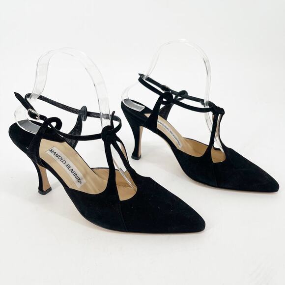 Vintage Manolo Blahnik Black Suede T-Strap Ankle Strap Pointed Toe Pump IT 38.5 - Picture 1 of 11